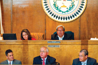 Assistant Secretary of the U.S. Department of the Interior Larry Echohawk, center, speaks at the Navajo Nation Council Chambers of Monday. © 2011 Gallup Independent / Brian Leddy